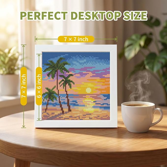 WUSARPLY Sunset Landscape Stamped Cross Stitch Kits for Adults with Framed | Beach Palm Tree Needlepoint Counted Cross Stitch Kits for Beginners Adults with Framed Embroidery Kits Arts and Crafts