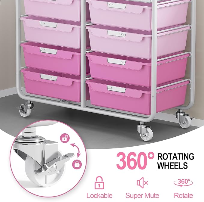 10 Drawers Rolling Cart with Wooden Tabletop, Utility Storage Cart with Wheels, Art Supply Craft Organizer on Wheel with Metal Frame & Handles for Home Office School,Pink | Easy Setup, Large Capacity, Sturdy Build, Lockable Mobility, For office, classr...