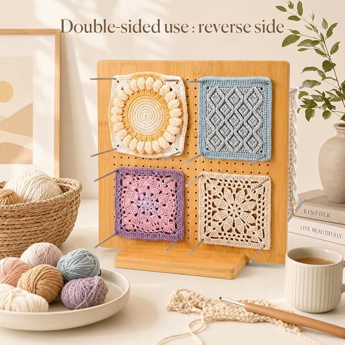 11.8" Double Sided Crochet Blocking Board, Granny Square Blocking Board with 30 Stainless Steel Pegs, Bamboo Blocking Boards for Crochet Projects, Crochet Block Gift for Crocheters