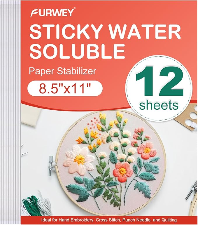 FURWEY Wash Away Embroidery Stabilizer,12PCS 8.5x11,Self Adhesive,Printable | Water Soluble Embroidery Paper, Self Adhesive & Printable, for Hand & Machine Use, 8.5 x 11 Inches, 12 Sheets