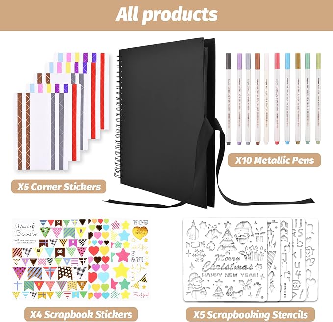 GOTIDEAL 12 x 12 Inch Scrapbook Album with 10 Metallic Markers, Black | 80 Pages Craft Paper Photo Album for Wedding and Anniversary, Family DIY Photo Album with Scrapbooking Stickers Corners