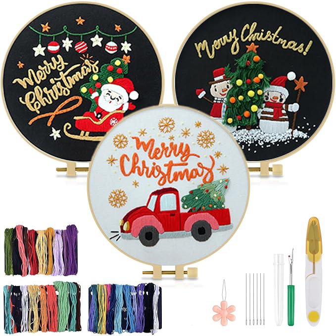 TINDTOP Christmas Embroidery Kit for Adult Beginners, 3 Sets Embroidery Stitch Practice kit Include Embroidery Cloth Hoops Threads for Craft Lover Hand Stitch | 3 Sets for Beginners, Include Embroidery Cloth Hoops Threads for Craft Lover Hand Stitch