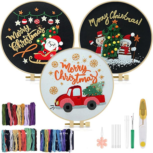 TINDTOP Christmas Embroidery Kit for Adult Beginners, 3 Sets Embroidery Stitch Practice kit Include Embroidery Cloth Hoops Threads for Craft Lover Hand Stitch | 3 Sets for Beginners, Include Embroidery Cloth Hoops Threads for Craft Lover Hand Stitch