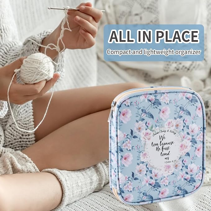 Crochet Hook Case, Portable Zipper Storage Organizer Bag for Crochet Needles/Knitting Accessories, Lightweight Crochet Hook Kit Tools, Easy to Hold(No Accessories Included). Blue Rose