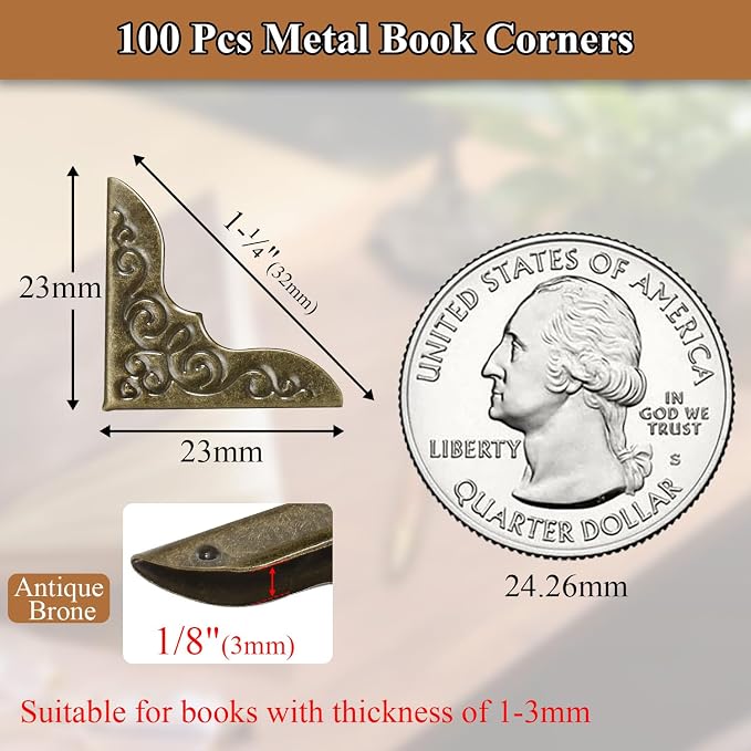 100pcs Metal Book Corner Protectors,Bronze Decorative Scrapbooking Photo Mounting Corners, Paperbacks Book Edge Protectors Picture Frame Crafting DIY Crafts, Journal Album Edge Guards