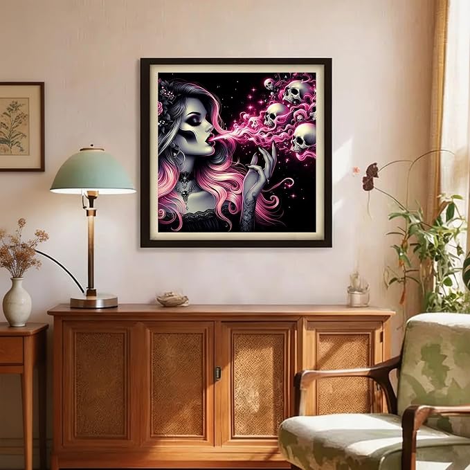 5D Gothic Skull Diamond Art kits for Adults Beginners 13.7x 13.7 Inch | Pink Hair Lady Diamond Painting Kit, DIY Full Round Drill Paint by Diamonds Dot Gem Art for Adult, Home Wall Decor