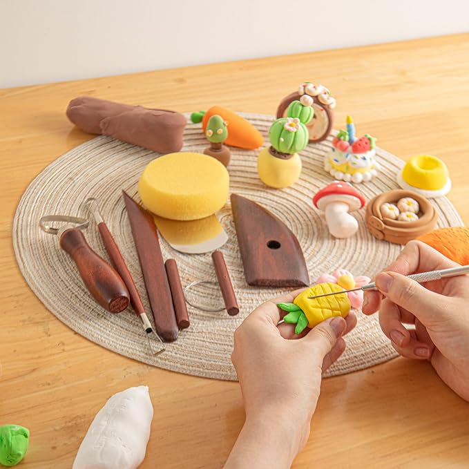 8PCS Stained Wooden Pottery Sculpting Tools, Wood Clay Cleaning Tool Set, Ceramic Modeling Tool for Carving, Molding, Cutting, Trimming, Pottery Wheel, Crafting, Beginners, Adults, Students