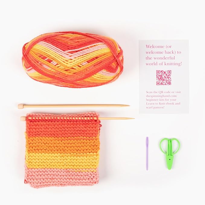 The Spinning Hand Knitting Kit for Beginners Adults – Educator-Designed, Self-Striping Wool Yarn, Bamboo Needles & Video Tutorials (Sunset)