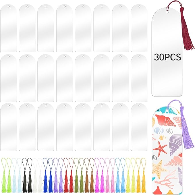 30 Pcs Clear Acrylic Bookmarks Blanks 6" x 2", Plastic Book Page Markers Transparent Semicircle Acrylic Bookmark Blank Bulk with 30 Pcs Book Mark Tassels for DIY Crafting Projects and Gift Tags