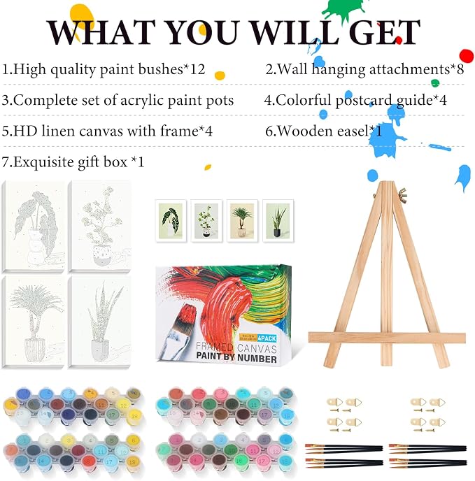 4 Pack Framed Paint by Numbers Kit for Adults Green Plant with Wooden Easel | With Frame Canvas 8x12 IN, For Adults Beginner, DIY Acrylic Painting Plants, Stress Relief Craft Kits, Home Wall Decor Gift