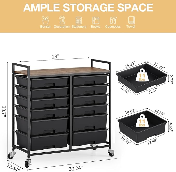 TOOLF 12 Drawers Rolling Storage Cart with Wooden Top for Classroom, Black | Teacher Cart Craft Art Supply Organizer, Utility Cart with Lockable Wheels for Home Household Essentials, Office Organization