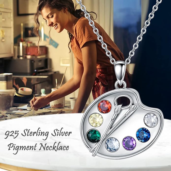 Artist Paint Palette and Brush Necklace - 925 Sterling Silver Pigment Pendant, Colorful Painters Charm, Future Artist Jewelry Gifts for Women