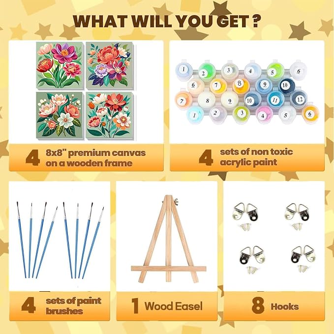 Sretoul Flowers Paint by Numbers Kit for Adults Framed Easel 4 Pack 8X8 in