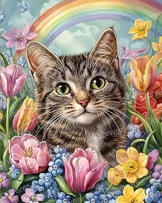 Cat Diamond Art Kits for Adults, 5D DIY Diamond Painting Kits 12x16 inch | Dorwendis Flower 5D DIY Diamond Painting Kits for Beginners, Full Round Diamond Art Kits Craft for Home Wall Decor 12x16 inch