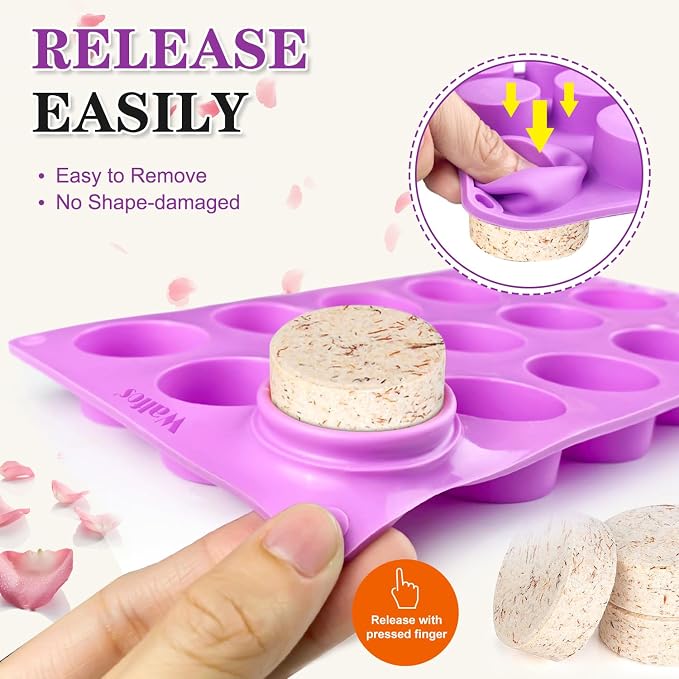 Walfos 3 Pack Small Soap Molds,15 Cavity Mini Round Silicone Molds,1.5inch Cylinder Silicone Soap Molds Perfect for Soap Making.Non-Stick BPA Free and Dishwasher Safe