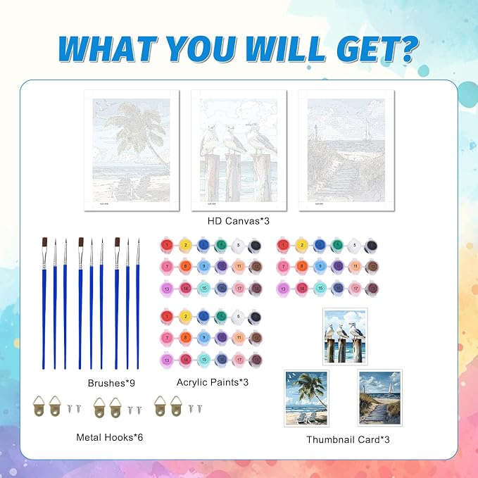 PHANTASYART 3 Pack Beach Paint by Numbers Kit for Adults 12x16inch | Adult Paint by Numbers, Beach-Theme Canvas Paint by Numbers for Adults, DIY Acrylic Paint Kit for Gifts Home Decor