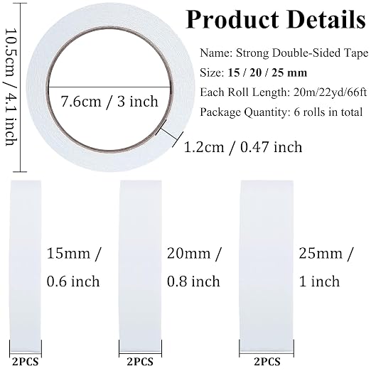 Double-Sided Fabric Tape, Hem Tape No Sew Double Sided Tape for Crafts Arts, 6 Rolls Strong Adhesive Cloth Sewing Tape for Hemming, Clothing Repairs, Pants, DIY Projects, Paper Backing (0.6/0.8/1inch)