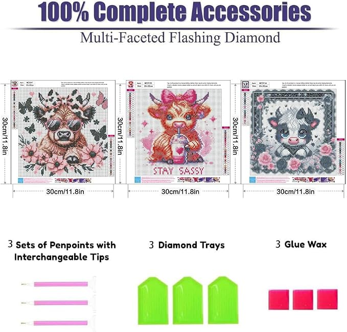3 Pack Highland Cow Diamond Art Kits for Adults 12 x 12inch