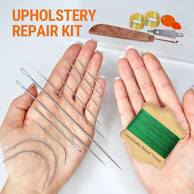 VONEEDL Upholstery Repair Kit: Waxed Sewing Thread (Green Color) & Heavy Duty Needles (11 PCS) for Leather, Canvas & Quilting Thread