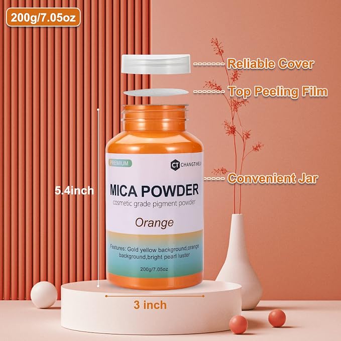 Mica Powder,7.05OZ（200g）,Orange Mica Powder Pigment for Epoxy Resin，Lip Gloss，Paint，Dye，Soap Making，Nail Polish,andle Making,Bath Bombs(Orange)