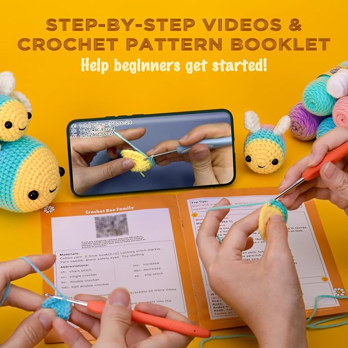 Crochetta Crochet Kit for Beginners, Beginner Crochet Starter Kit w Step-by-Step Video Tutorials, Learn to Crochet Kits for Adults Women Men, DIY Knitting Supplies (Yellow bee)