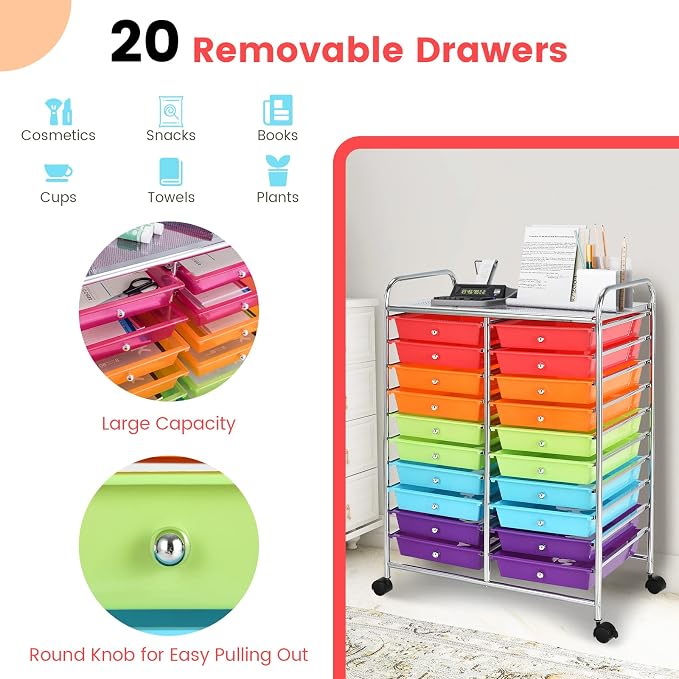 COSTWAY 20-Drawer Rolling Storage Cart, Utility Storage Organizer Cart
