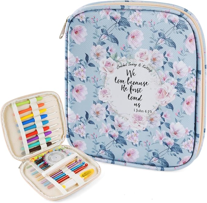 Crochet Hook Case, Portable Zipper Storage Organizer Bag for Crochet Needles/Knitting Accessories, Lightweight Crochet Hook Kit Tools, Easy to Hold(No Accessories Included). Blue Rose