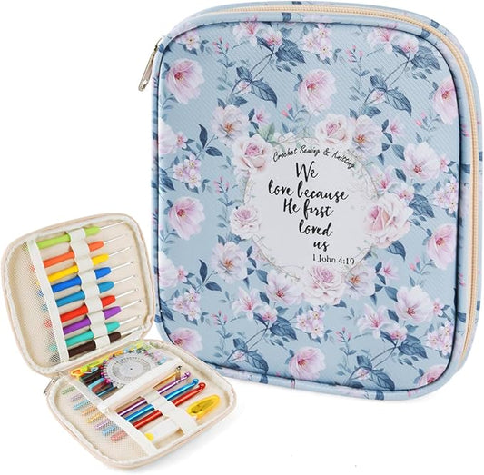 Crochet Hook Case, Portable Zipper Storage Organizer Bag for Crochet Needles/Knitting Accessories, Lightweight Crochet Hook Kit Tools, Easy to Hold(No Accessories Included). Blue Rose