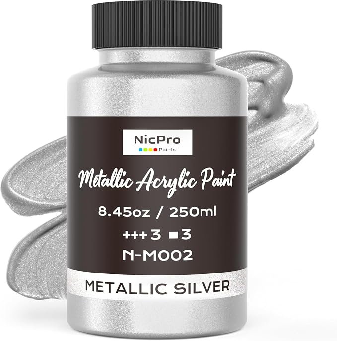 Nicpro Metallic Silver Acrylic Paint, 8.45oz/250ml Silver Leaf Paint | Non Toxic, Non Fading Art Craft Paints for Canvas, Wood, Clay, Fabric, Metal, Furniture, Art Supplies