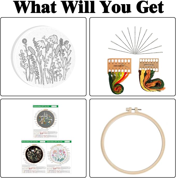 GLTAYLMY 3 Pack Embroidery Starter Kit for Beginners Stamped Cross Stitch Kits with Cute Flowers and Plants Patterns with 1 Embroidery Hoop and Color Threads for Adults