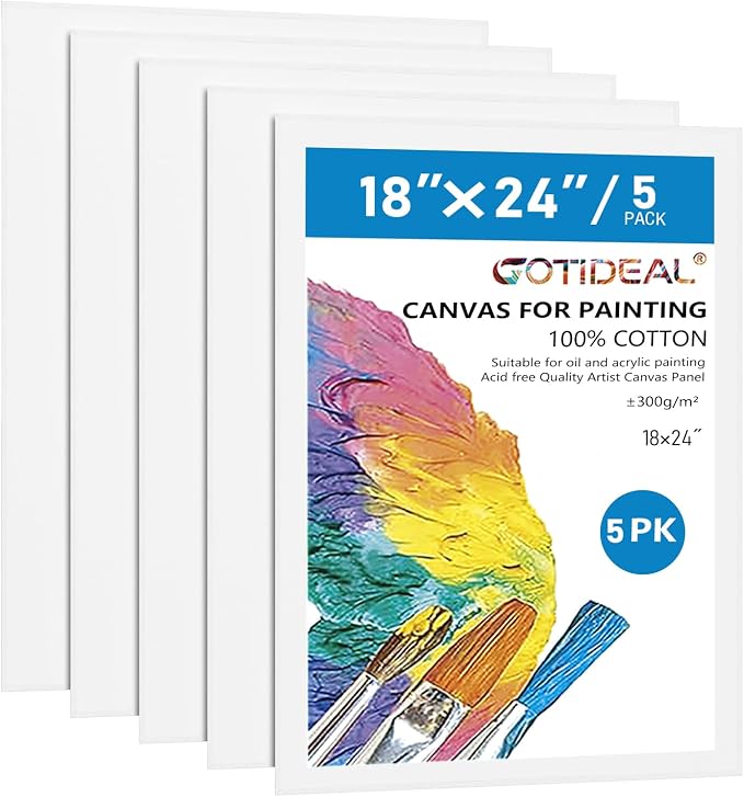 GOTIDEAL Canvases for Painting, 18x24 inch of 5 Pack, 100% Cotton | Professional Primed White Blank Flat Canvas Panels, Artist Canvas Boards for Acrylics Painting, Oil Watercolor Tempera