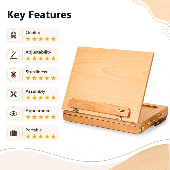 DJAR Tabletop Sketchbox Art Easel with Storage & Palette, Solid Beechwood | Hold Canvas up to 11" x 14", Compact Adjustable & Portable Stand for Painting, Sketching, Drawing and Art Supplies Storage