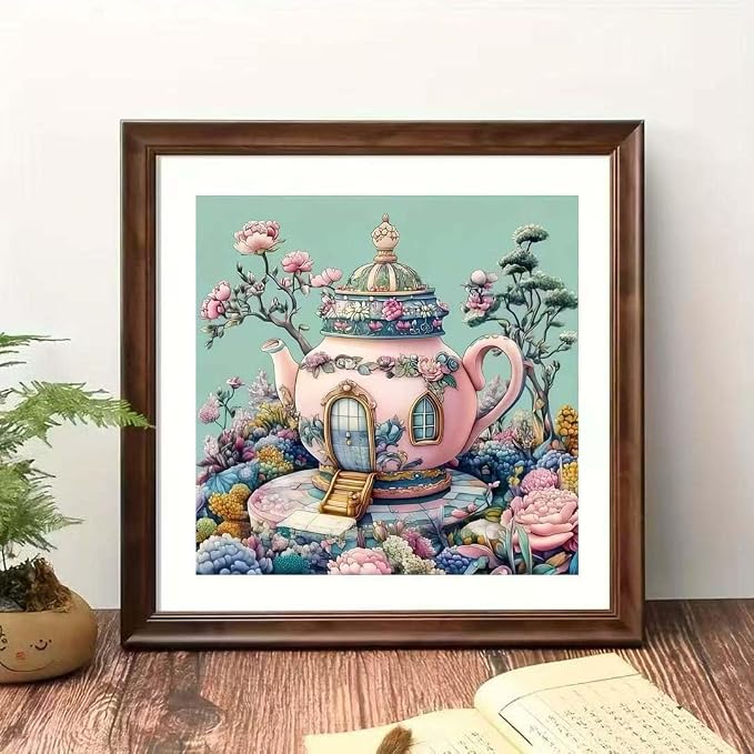 Teapot Castle Diamond Art Kits for Adults,5D Diamond Painting Kits for Beginner,DIY Full Round Drill Flower Diamond Dot Gem Painting With Dot Art Craft Kits for Home Wall Decor 13.79 x 13.79inch