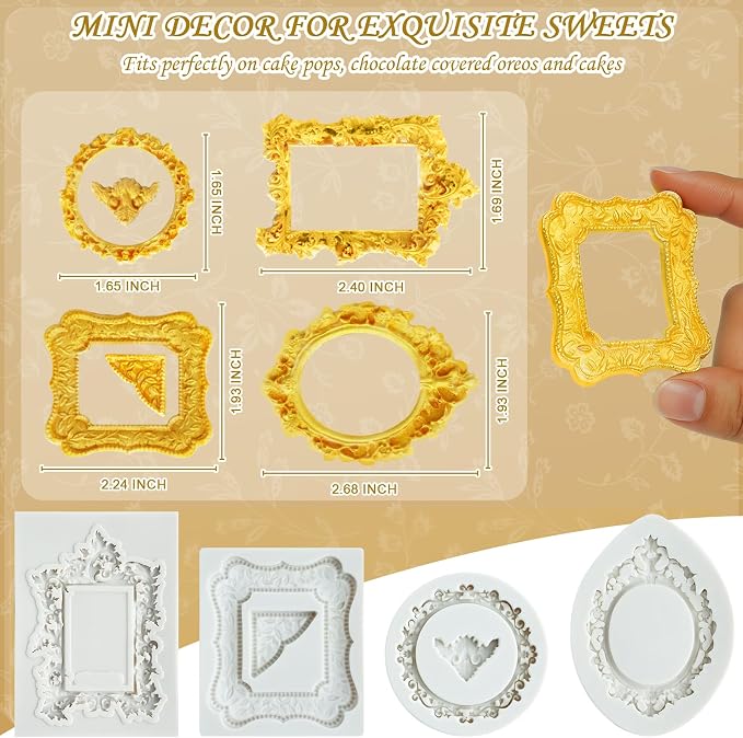 HKNMTT Picture Frame Molds Silicone Baroque Vintage for Fondant Candy Clay Covered Oreo Cake Photo Decorating Cupcake Toppers, 4 Shaped Round Square Frame Moulds Craft DIY Supplies Set