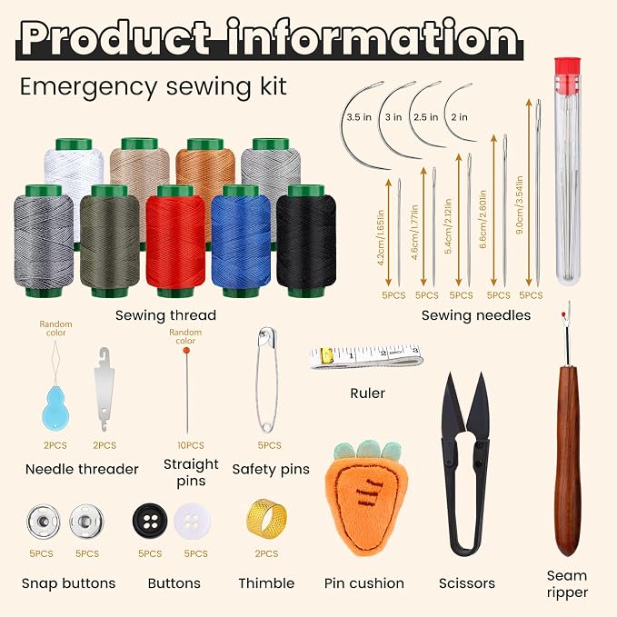 TLKKUE Sewing Kit, Travel Sewing Kit with Upholstery Threads and Needles | Hand Sewing Needles Curved Needle Seam Ripper, Needle and Thread Kit for Sewing Repair Clothing DIY (9 Colors Thread)