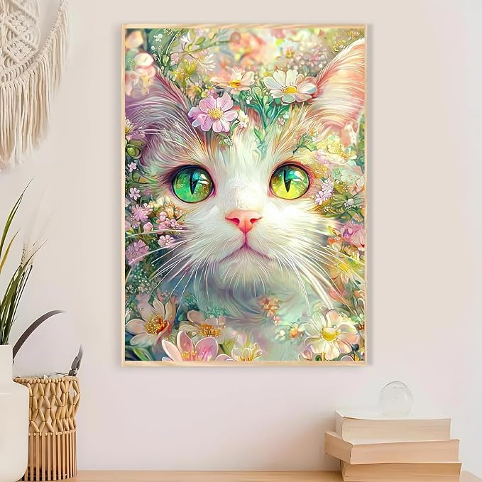 Cat Floral Paint by Numbers Kit for Adults Framed Canvas, Frameworkless