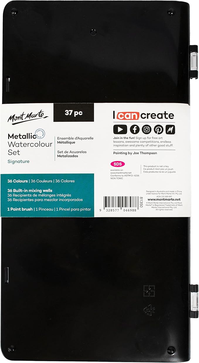 Mont Marte Signature Metallic Watercolor Set, 37 Piece Pearl Paint, 36 Vibrant Colors, 1 Paint Brush