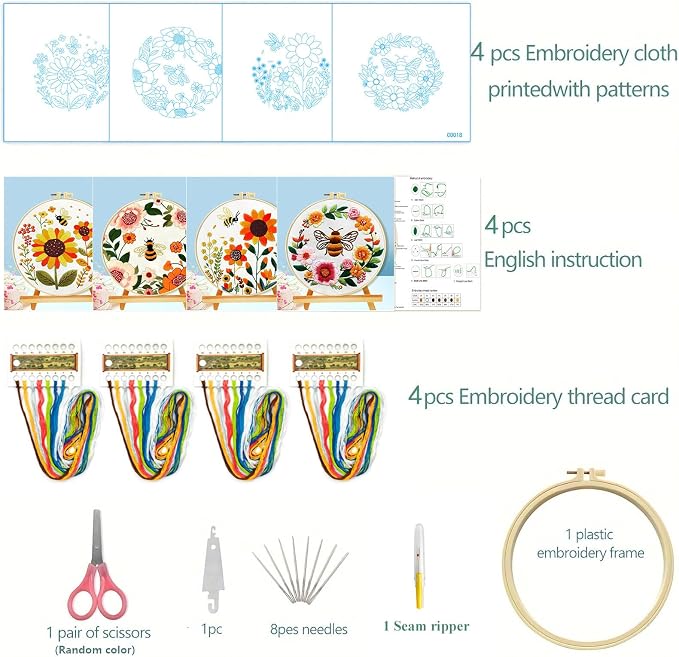 Zhenqing Bees & Flowers Embroidery Kit 11.4x11.4cm - 4-Piece Complete Cross Stitch Set with Pre-Printed Fabric, Threads, Hoop, Needles & Instructions | DIY Craft for Adults, Beginners-Friendly (C0046)