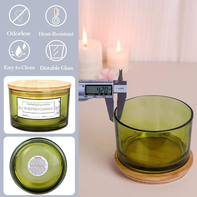 CONNOO 6 Pack 24oz Olive Green Glass Candle Jars with Airtight Bamboo Lids