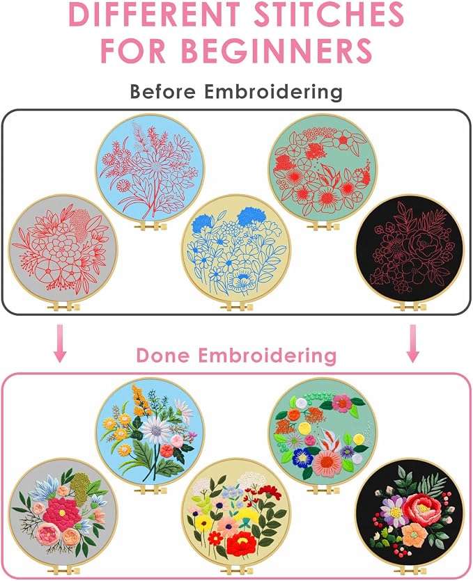 TINDTOP 5 Sets Embroidery Kit for Adults, Floral Embroidery Practice Kit for Beginners Include Embroidery Cloth Hoops Threads for Craft Lover Hand Stitch | for Beginners Include Embroidery Cloth Hoops Threads for Craft Lover Hand Stitch