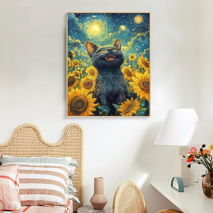 Paint by Numbers Kit for Adults, Sunflowers Black Cat Canvas Painting Set | 16x20 Inch, DIY Acrylic Number Painting Craft Kit for Adults Beginners, Home Wall Decor, Stress Relief Relaxing Hobby Gift