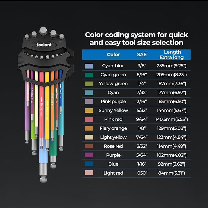 Sae Allen Wrenches Sets 13pcs, Extra Long Arm Allen Key Set with Ball End, Crafted Hex Key Set with Color Coded Sleeves, Unique Patented Holder Design for Magnetizing and Demagnetizing