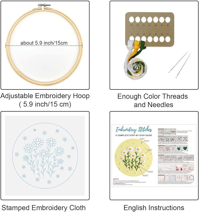 Louise Maelys Daisy Flower Embroidery Kit for Beginners, Floral Pattern | Complete Set Cross Stitch Kits Includes Hoop, Threads, Needles and Guide. Create Floral Crafts with DIY Needlepoint Kit