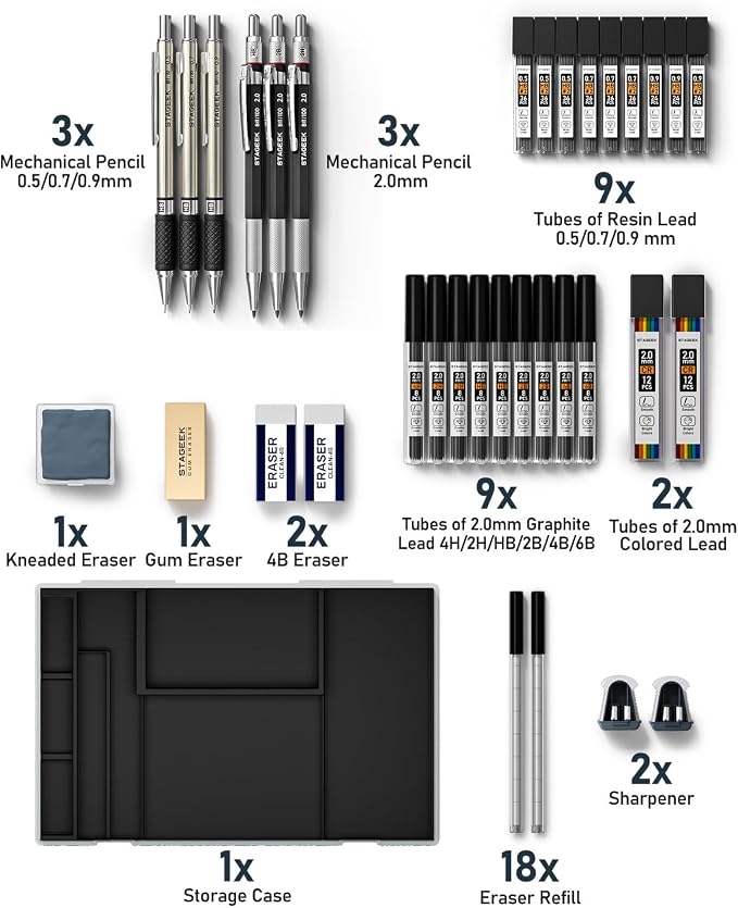 STAGEEK 34PCS Mechanical Pencil Set with Case, 0.5, 0.7, 0.9 ＆ 3PCS 2mm | Drawing Pencils with 384PCS Lead Refills (6B 4B 2B HB 2H 4H Color), Erasers, Sharpeners, Artist Pencil for Sketching Drafting