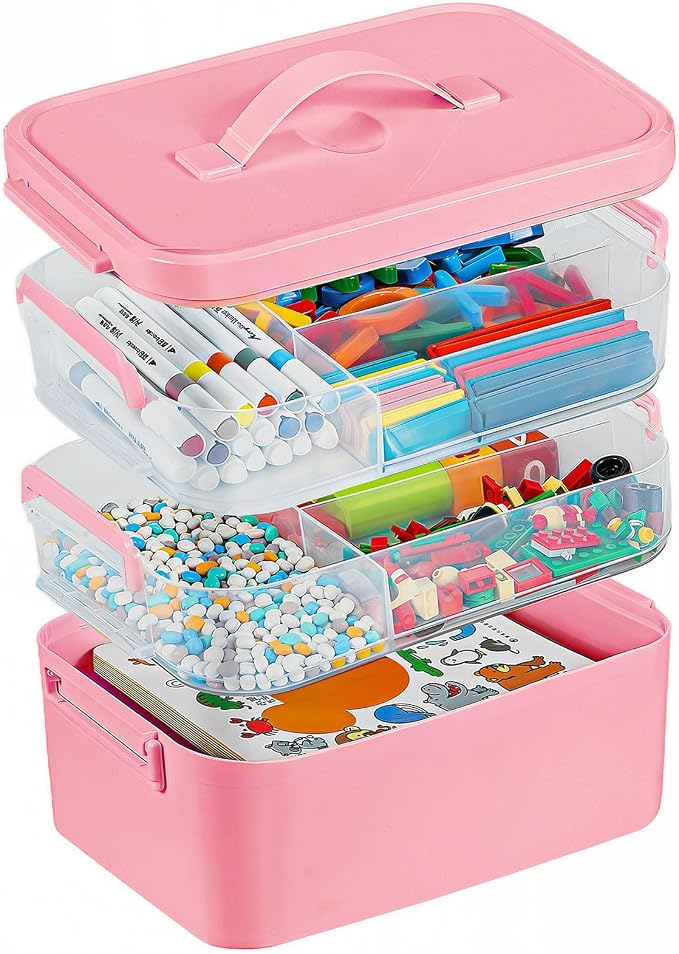 Gifhomfix 3-Layer Plastic Craft Organizers and Storage Box with Removable Trays, Storage Containers with lids and Handle, Art Supply Storage Organizer for Bead, Ornament, Nail Polish, Tape（Pink）