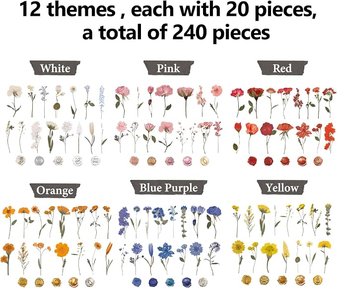 NESSCCI Pressed Flower Themed Stickers (Assorted 240 Pieces,12 Sheets) Scrapbook Supplies,Sticker for Journaling, Dried Floral Resin,Scrapbook Stickers,Junk Journal Sticker