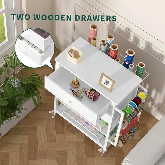 Wrapping Paper Storage & Organizer, Craft Cart with Ribbon & Gift Bag Storage, Wrapping Paper Organizer Holder(2 Wooden Drawers-White)