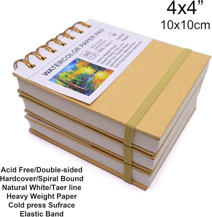 Mini Watercolor Paper Pads, 4x4, 3Pack, Kraft Hardcover Sketch Books, 140lb/300gsm Heavyweight Cotton Paper, Spiral Bound, Cold Pressed, Dual-Sided(Smooth&Texture),Painting Paper for Artists Students
