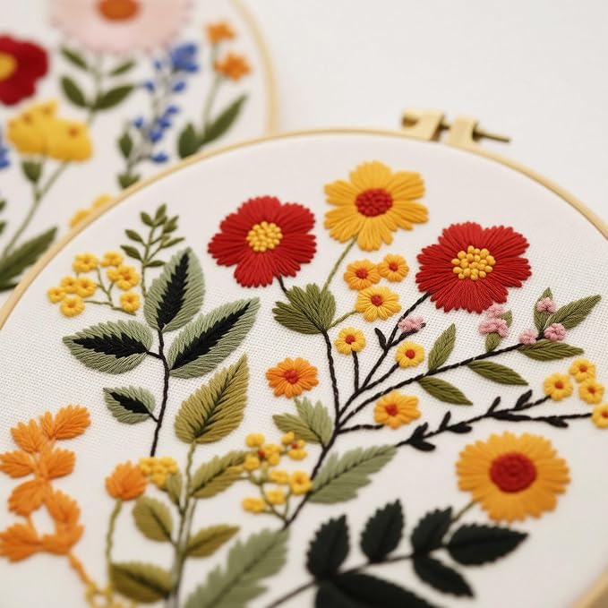 Zhenqing 4-Piece Floral Embroidery Kit for Beginners - Complete Set with Sunflower, Daisy Designs & Pre-Printed 29x29cm Cotton Fabric, Hoop, Threads & Tools(C0166)
