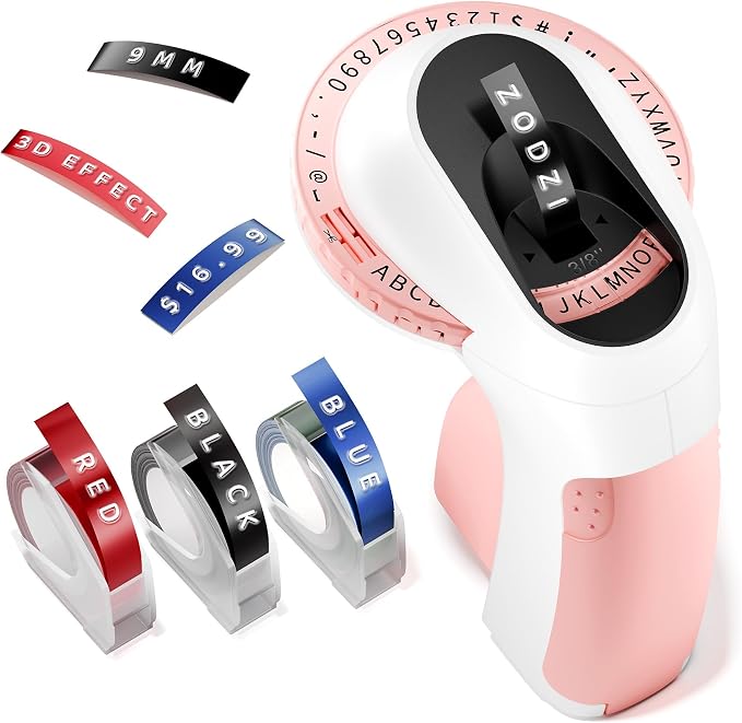 Zodzi Label Maker Embossing Label Maker for Scrapbook Junk Journal Supplies | Label Maker Machine with Tapes for DIY Crafts,Journal Supplies,Old School Embosser with 3 Rolls 3D Labeler Waterproof Tapes